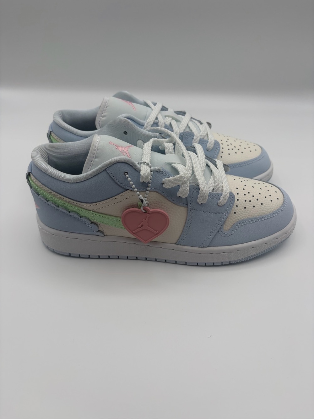 Jordan Kids Low-Top Sneakers in Pastel Blue, Cream & Mint with Pink Heart Charm